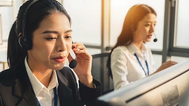 Waving front agent in blazer at desk starting call on headset, pointing to temple, calming customer