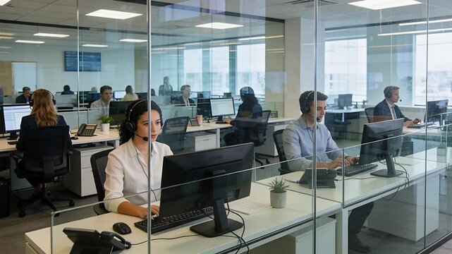 Receiving call, female agent in white blouse speaking into headset and typing in open office