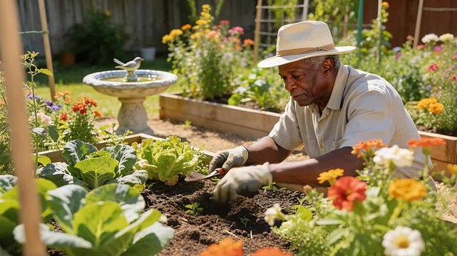 Leaning senior man planting seedlings in garden raised bed, straw hat, gloves, using trowel for veg