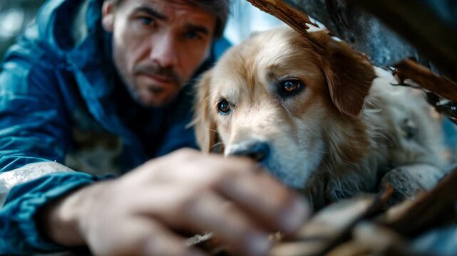 Rescuer saving frightened dog trapped under wooden debris