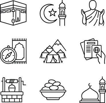 Islamic pilgrimage Hajj Umrah travel icon set Kaaba mosque prayer dates Zamzam well line art vector illustration.
