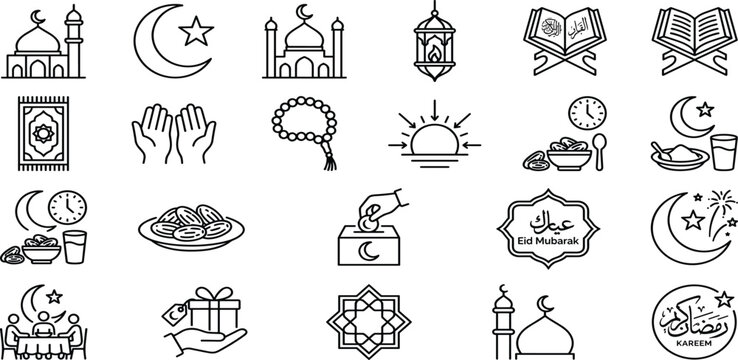 Ramadan and Eid Islamic Icon Collection with Mosque, Quran, Prayer, Crescent Moon, Lantern, Charity, and Muslim Celebration Symbols
