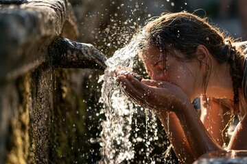 Fototapeta premium Girl Drinking Water from Stone Fountain