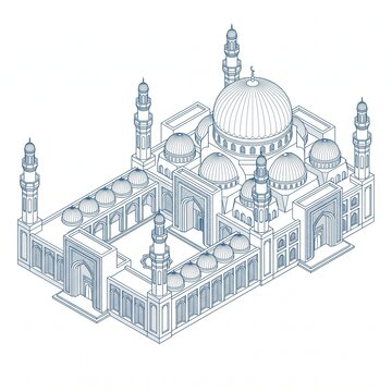 Isometric line art illustration of a traditional mosque building