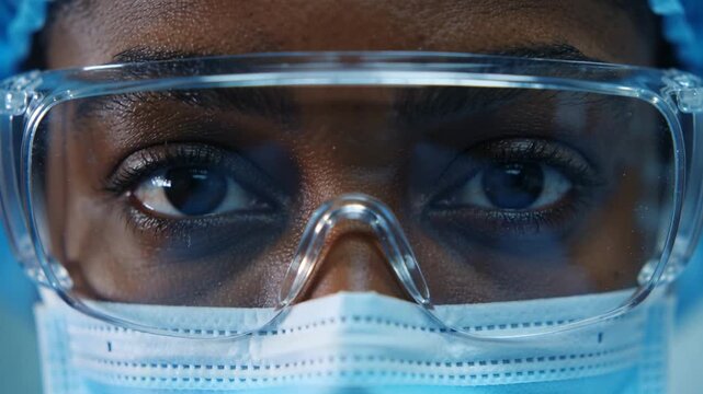 Preparing clinician adjusting goggles and checking eyes in OR with blue cap mask left hand
