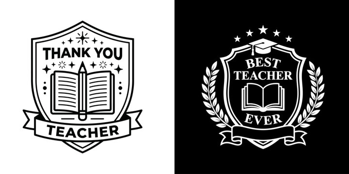 Set of two vintage style teacher appreciation emblems featuring open books pencils and decorative laurel wreaths for school designs