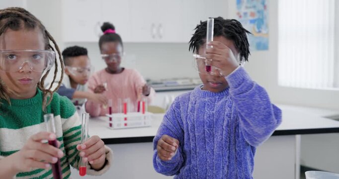 African American class lab, teacher urging purple girl pouring red-liquid into test tube noting hue