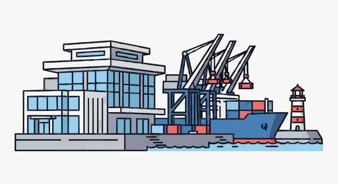 Port Container Ship Docking Facility Modern Building.