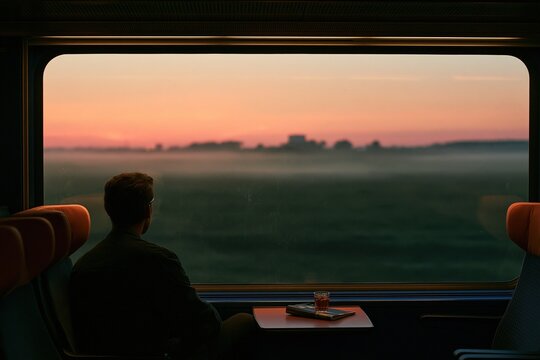 Train Journey: Man Stares at Misty Landscape Through Window, Glass of Drink on Table