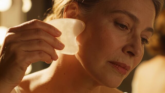 Looking into lit mirror, single woman doing gua sha massage for skincare along jawline with bulbs