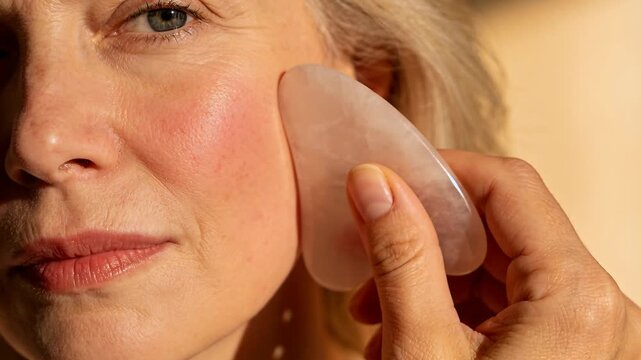 Bringing gua sha stone, hand gliding along senior woman's right cheek at home for facial massage