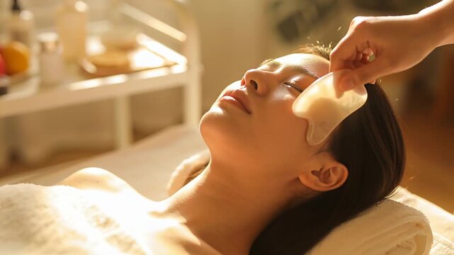 Entering therapist hand carrying translucent gua sha tool gliding over towel-wrapped client at spa