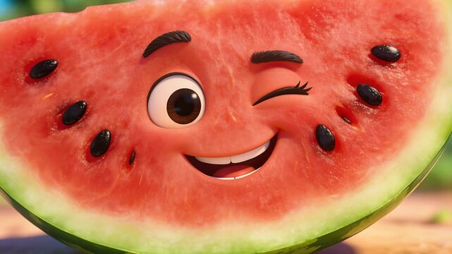 Winking then shifting, animated watermelon slice expressing playfulness on sunlit table, with seeds