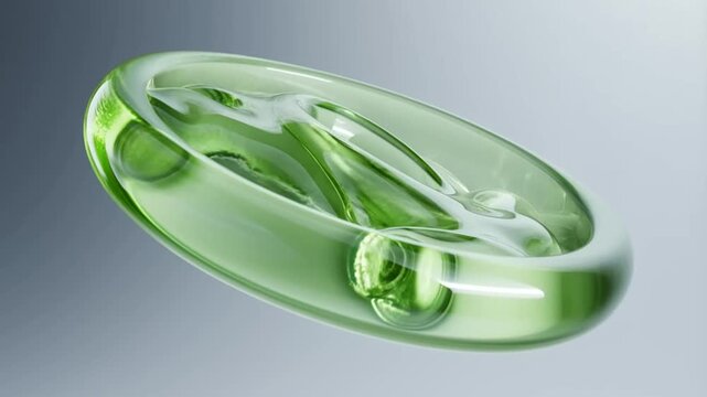 Green Glass Disk With Smooth Fluid Shapes And Glossy Reflections on Neutral Background Elegant Glass Sculpture For Modern Interior Design