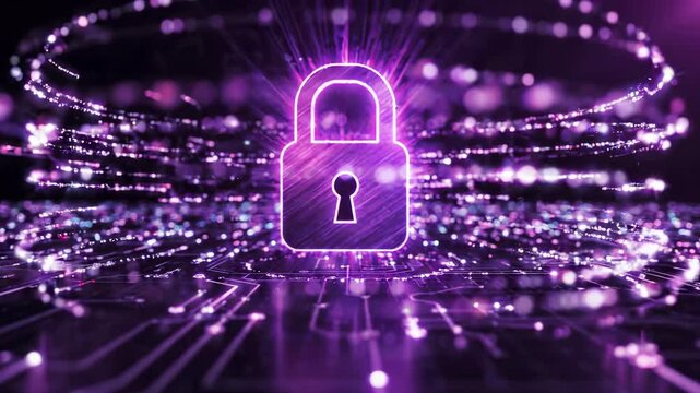 Cybersecurity and data protection with a glowing padlock over a digital circuit network. Secure encryption technology for privacy, safe online access, firewall defense and confidential information