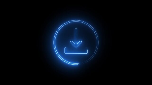 Glowing blue neon download icon animation inside circle on black background, futuristic electric file save symbol, cyber digital data transfer motion graphic UI UX design video element.