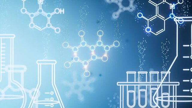 Glowing center molecule pulsing, emitting bubbles upon animation starting in blue lab with beakers