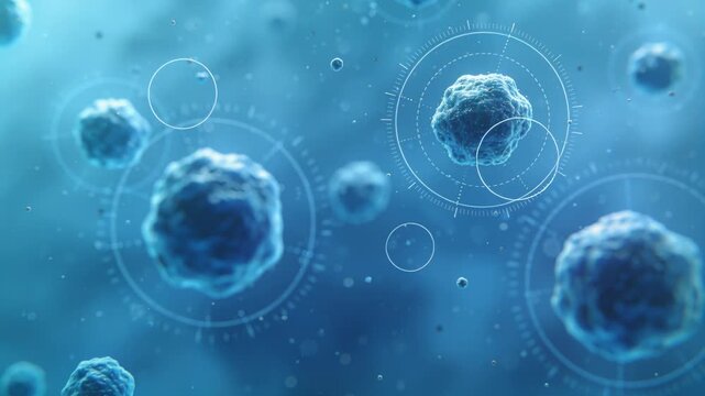 Activating HUD overlays tracking central textured cell under microscope, showing drifting particles
