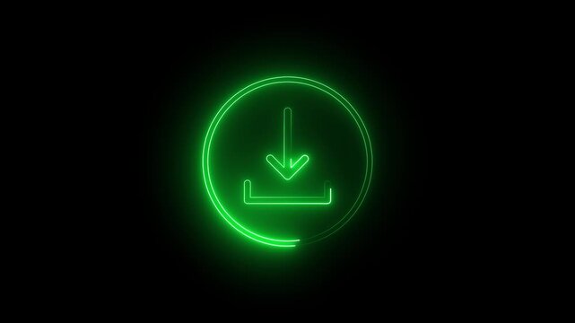 Glowing green neon download icon animation inside circle on black background, futuristic electric file save symbol, cyber digital data transfer motion graphic UI UX design video element.