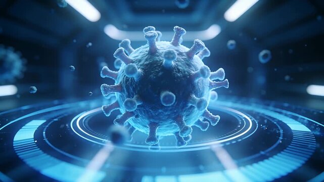 Rotating blue viral particle responding to pulsing holographic rings in lab with drifting motes