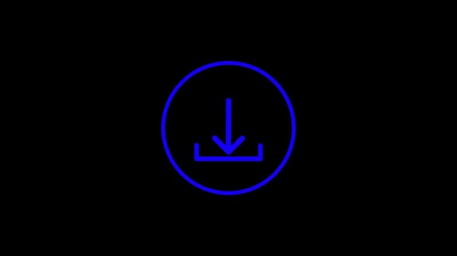 Minimalist animated blue download icon inside circle on black background, file save motion symbol, digital file transfer processing indicator, UI UX design motion graphic element for video.