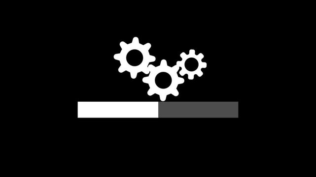 Animated loading progress bar with rotating gears cogs on black background, system processing update status indicator, mechanical setting loader motion graphic UI UX design video element.