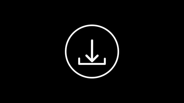 Minimalist animated white download icon inside circle on black background, file save motion symbol, digital file transfer processing indicator, UI UX design motion graphic element for video.