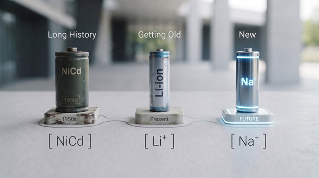 Evolution of battery technology comparison, NiCd past, Li-ion present, Na+ sodium ion future concept