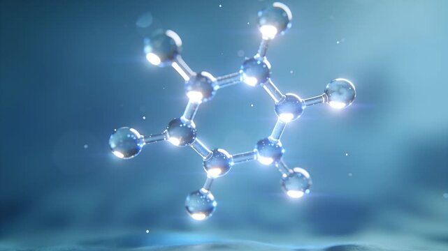 Rotating clear molecular model after pulse, revealing hexagon ring in blue studio, pulsing bond