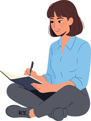 A young woman sitting cross legged on the floor while writing in a notebook with a pen in her hand