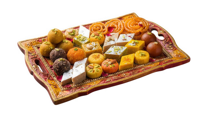 Assortment of traditional Indian sweets beautifully arranged on tray