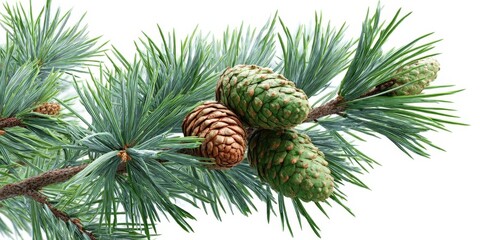Fototapeta premium Green Pine Leaf Branch with Cone on White Background