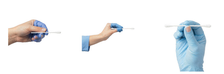 Fototapeta premium Set of Goved Hands Holding Cotton Swabs and Q-Tips Isolated on White Background, Medical Testing and Hygiene Concept, Healthcare Laboratory Asset, Digital Design Element, Transparent PNG Vector Style 