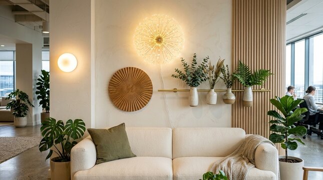 Modern Office Lounge Area with Dandelion Wall Lamp and Green Plants
