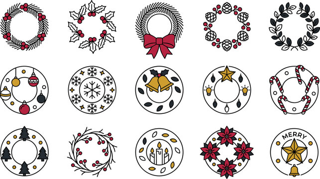 Set of christmas wreaths and circular frames, festive holiday decorations with pine branches, holly berries, ornaments, snowflakes, bells, candles, and candy canes