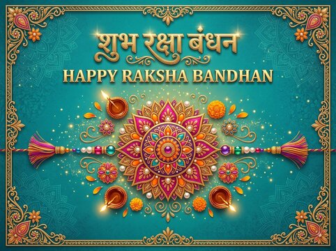 Happy Raksha Bandhan Vector Banner with Shubh Raksha Bandhan Hindi Calligraphy, Elegant Rakhi Thread, and Decorative Mandala Ornaments on Teal Background