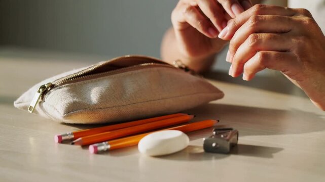 Reaching for pouch on table hands in light top arranging 3 pencils eraser sharpener preparing notes