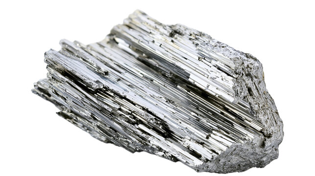 Shiny metallic selenium crystals with needle structure isolated on transparent background PNG cutout