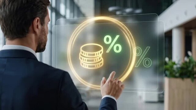 Businessman touches interface displaying percent symbols and coins, analyzing interest rate and financial growth. Investment, banking, savings, and economic profit strategy for future wealth