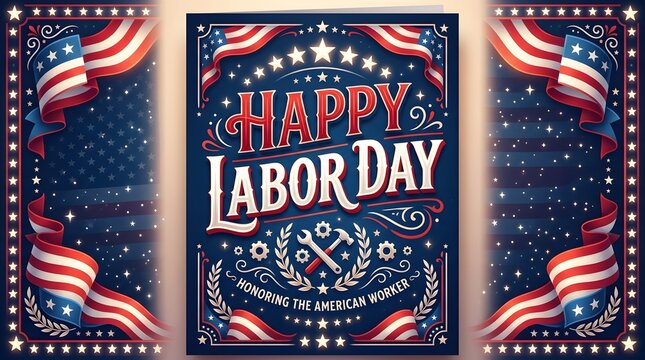 Happy Labor Day greeting card. Patriotic USA holiday poster with American flag elements.