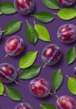 A seamless botanical pattern featuring ripe purple plums and green leaves on a vibrant violet background, perfect for textile and decor, drupe, plum-colored, colorful