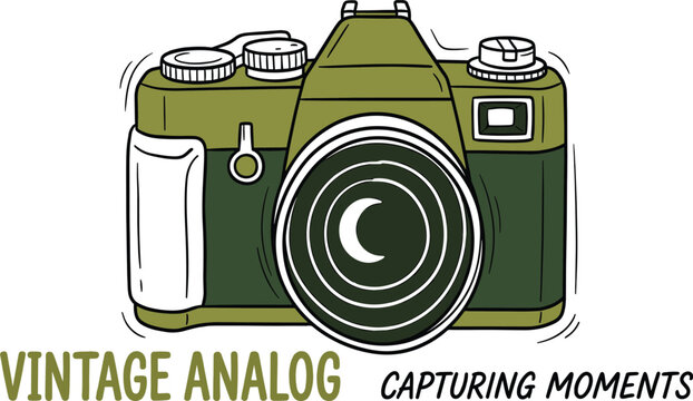 Vintage analog camera illustration with olive green color and typography for capturing moments concept