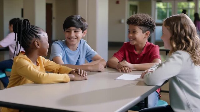 Leaning forward, girl in yellow leading talk about paper in cafeteria at school, peers smiling