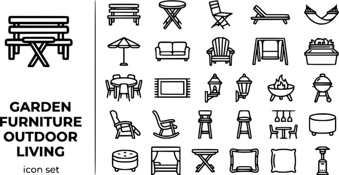 Garden Furniture Outdoor Living Bold Line Icons-Bench Bistro Table Chair Sun Lounger Hammock Parasol Outdoor Sofa Adirondack Swing Fire Pit Barbecue Lantern-25 Garden Furniture Icon Set Vector