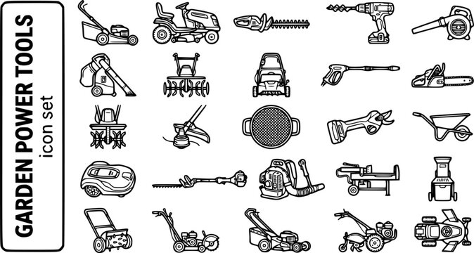 Garden Power Tools Machinery Bold Line Icons-Push Mower Ride-On Hedge Trimmer Leaf Blower Rotavator Scarifier Pressure Washer Chainsaw Strimmer Electric Pruner-25 Power Tools Icon Set Vector