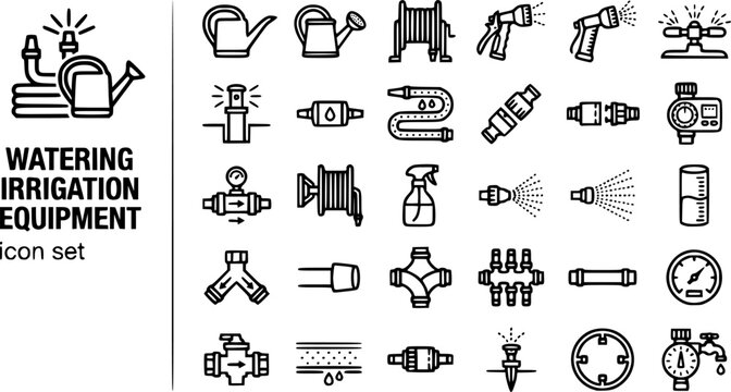 Watering Irrigation Equipment Bold Line Icons-Watering Can Rose Head Hose Reel Nozzle Rotating Sprinkler Pop-Up Drip Emitter Soaker Tap Timer Pressure Regulator-25 Irrigation Icon Set Vector