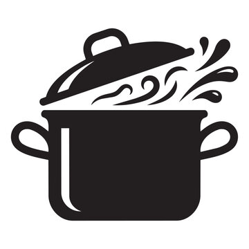 Black silhouette icon of a cooking pot with boiling water splashing and steam rising up