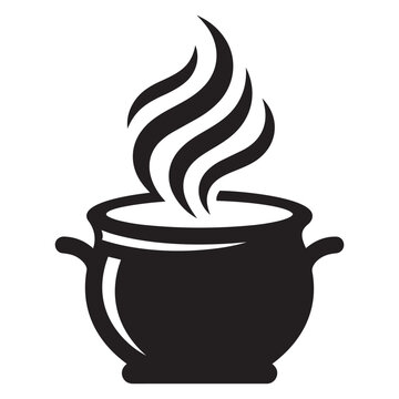 Black silhouette icon of a steaming hot cooking pot with delicious food