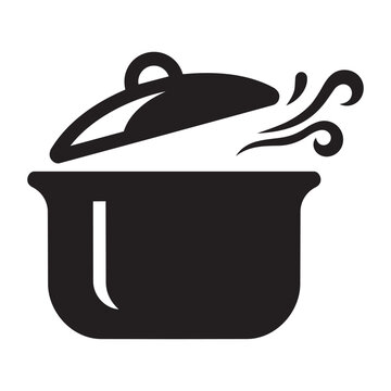 Black cooking pot icon with rising steam and lid