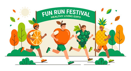 Fototapeta premium Fun Run Festival Healthy Living Expo Participants In Fruit Costumes